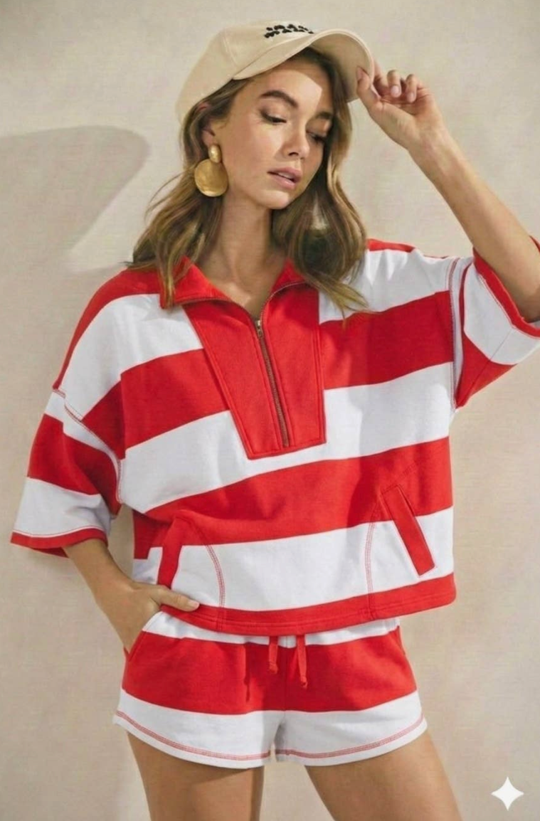 Game Day Vintage Striped Top Front Zip Shorts Set