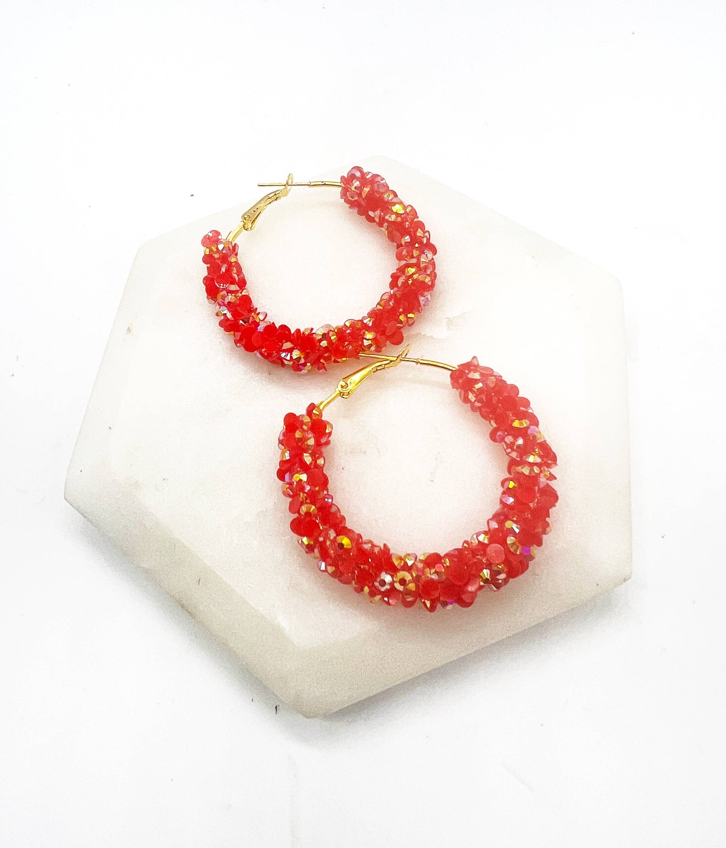 Red Gold Glitter Sequin Hoop Earrings