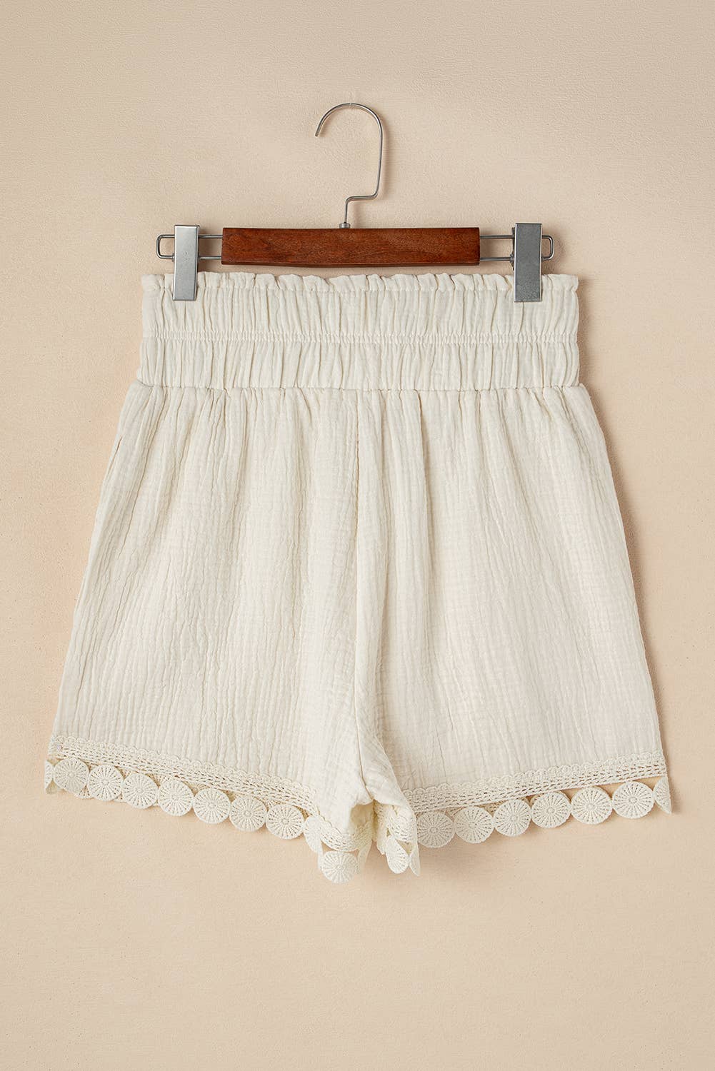 Textured Frilled Knotted High Waist Lace Hem Shorts