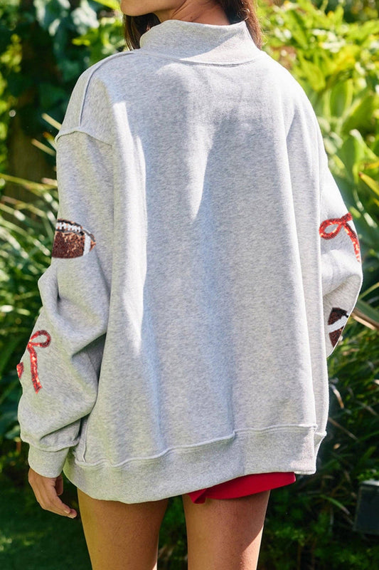 Sequin Bow Rugby Mock Neck Sweatshirt
