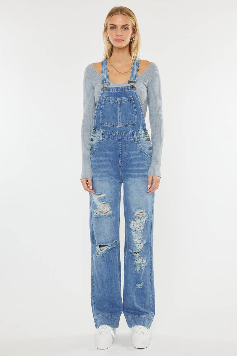 Kan Kan Wide-Leg Denim Overalls – Medium Stone Wash