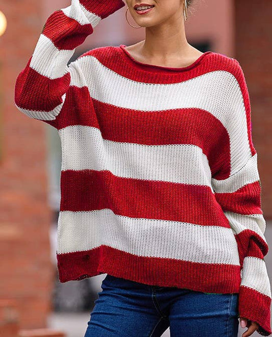 Rolled-Edged Crewneck Striped Color-Block Knit Sweater