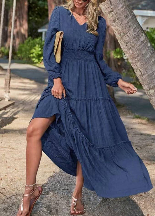 Solid textured long-sleeved maxi dress