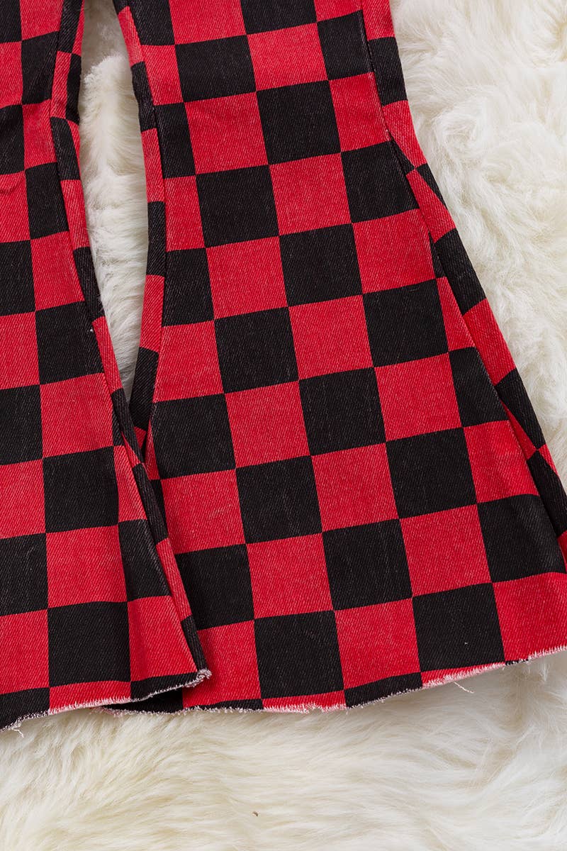 RED & BLACK CHECKER PRINTED DENIM PANTS