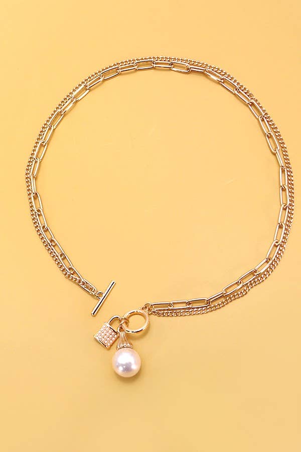 Pearl Lock Charm Double Layer Necklace
