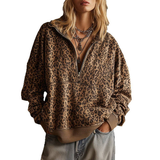 Leopard Print Half-Zip Oversized Sweatshirt