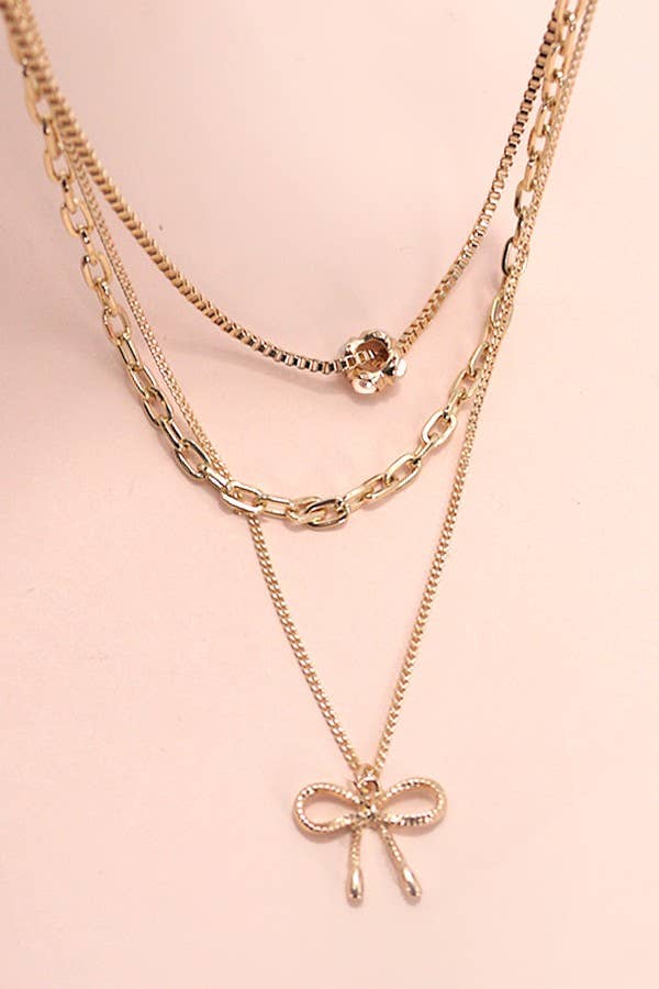 Layered Pearl Necklace with Bow Charm