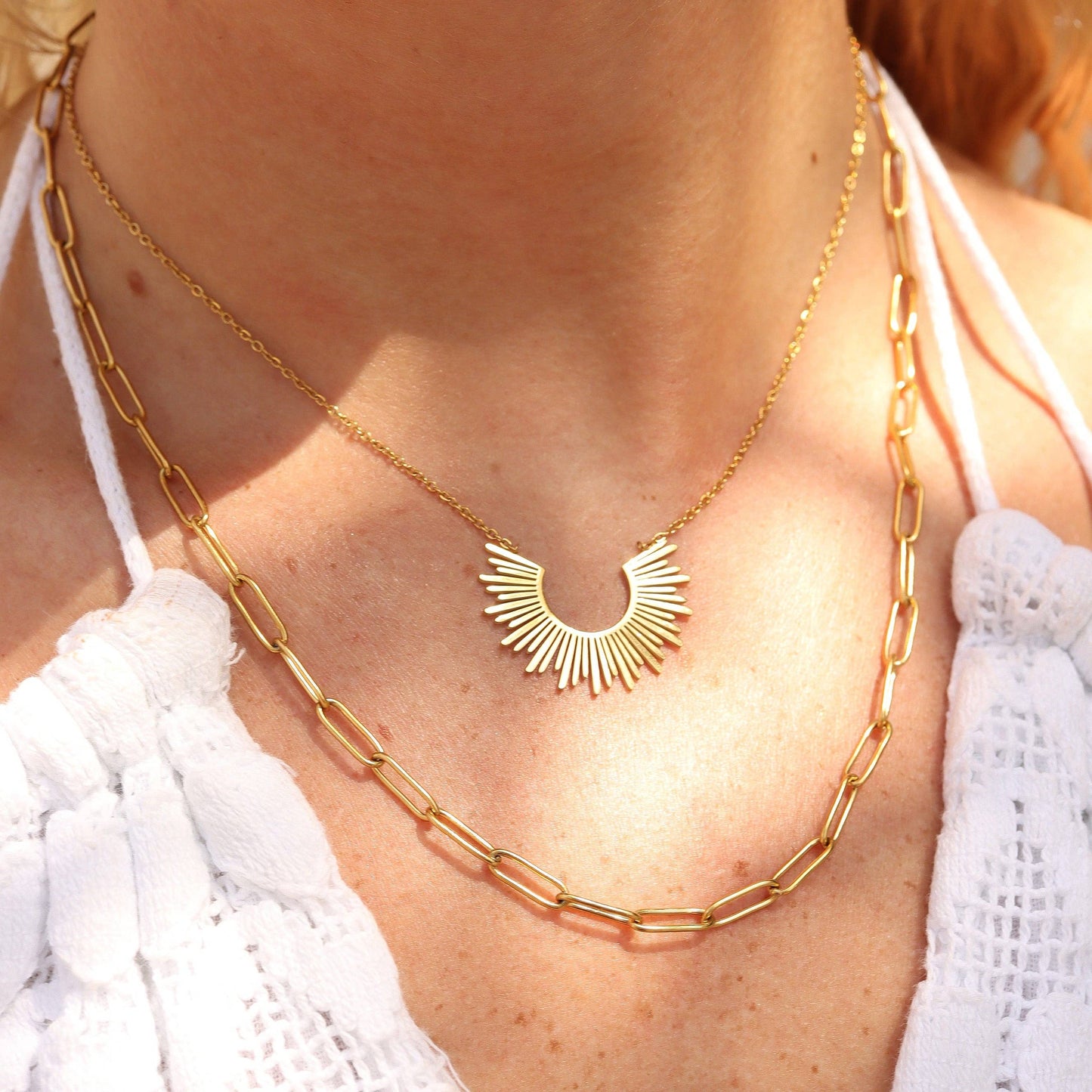 18K Gold PVD Layered Paperclip and Loop Chain Charm Necklace
