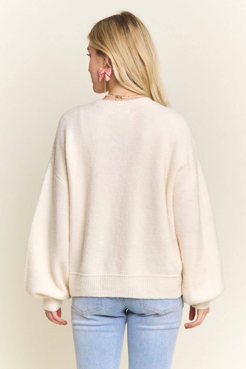 Crew Neck Knit Sweater Glitter Bow
