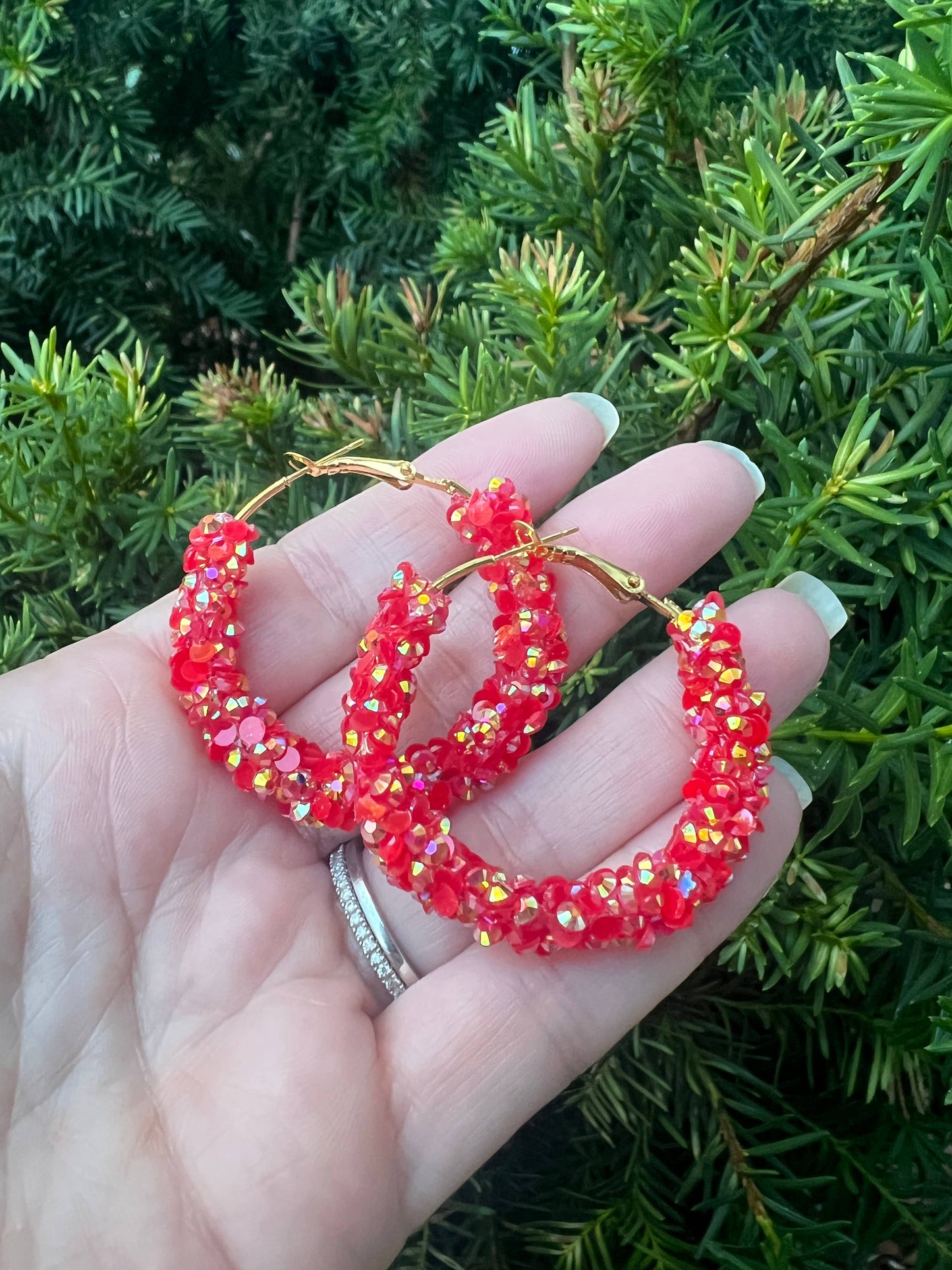 Red Gold Glitter Sequin Hoop Earrings