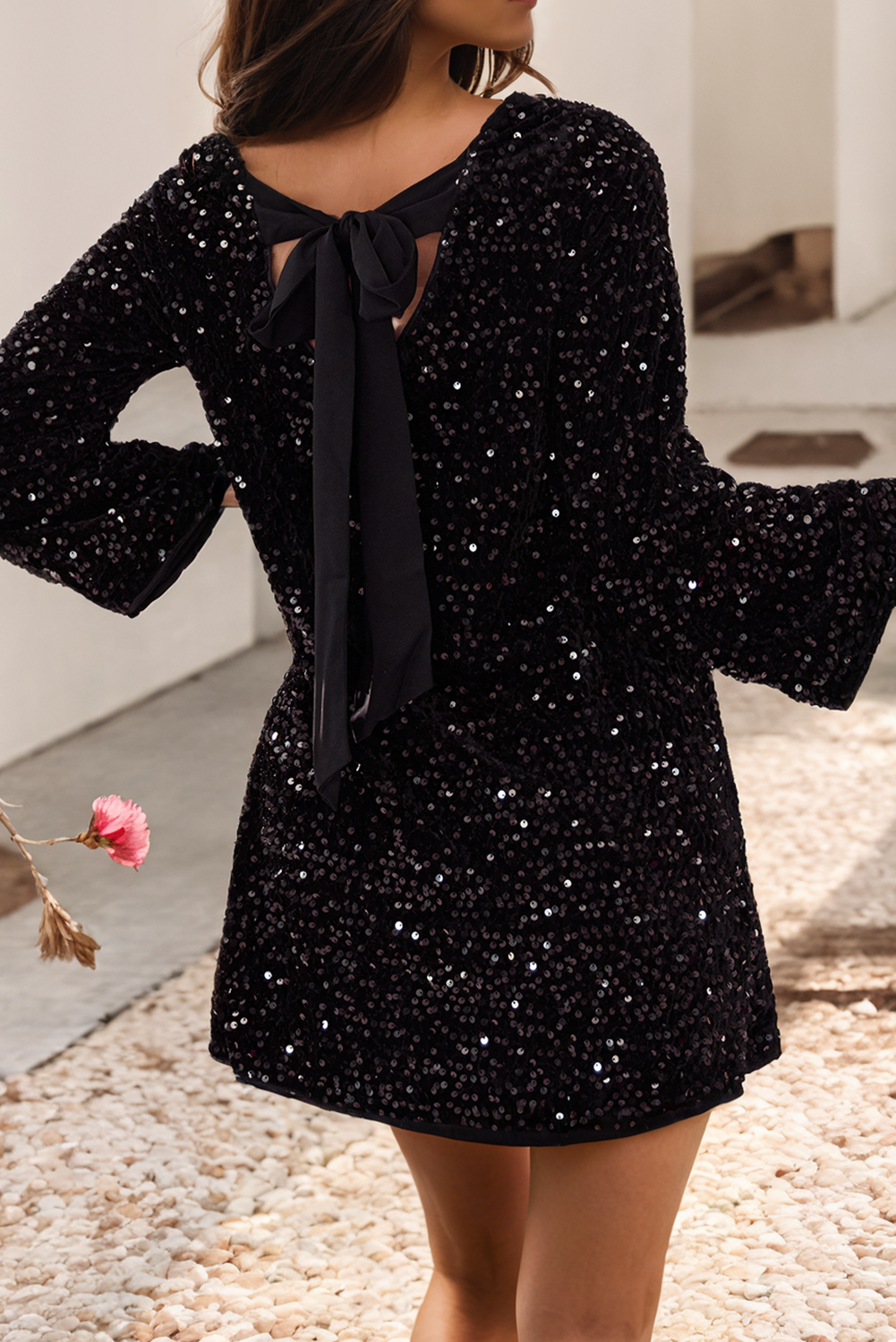 Black Sequin Long Sleeve Knot Cutout Back Mini Dress Black / L / 100%PET Black Sequin Long Sleeve Knot Cutout Back Mini Dress Black / L / 100%PET