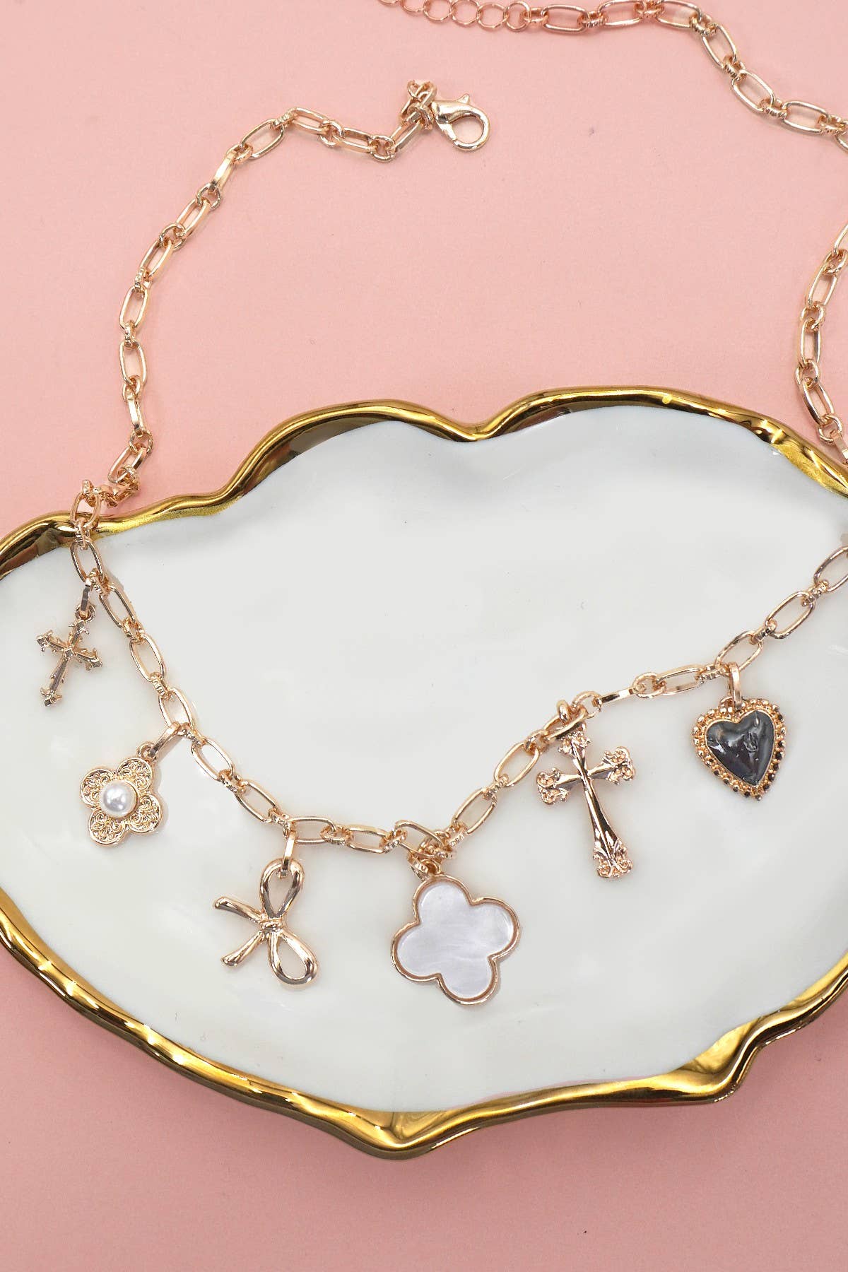 Charm Necklace – Porcelain Clover, Bow, Cross, Heart, Flower