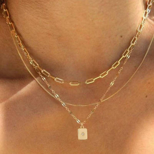 18K Stainless Multi-Layered Rhinestone Rectangle Charm Pendant Necklace