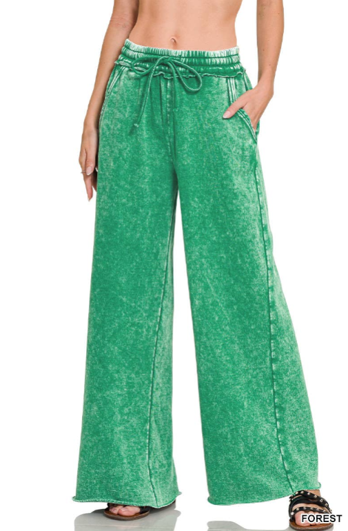 Acid Wash Fleece Palazzo Sweatpants With Pockets