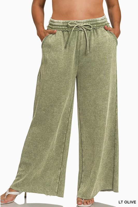 Acid Wash Fleece Palazzo Sweatpants With Pockets