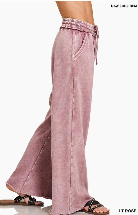 Acid Wash Fleece Palazzo Sweatpants With Pockets