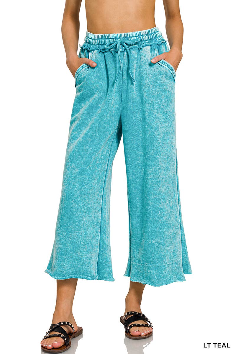 Acid Wash Fleece Palazzo Sweatpant Capris With Pockets