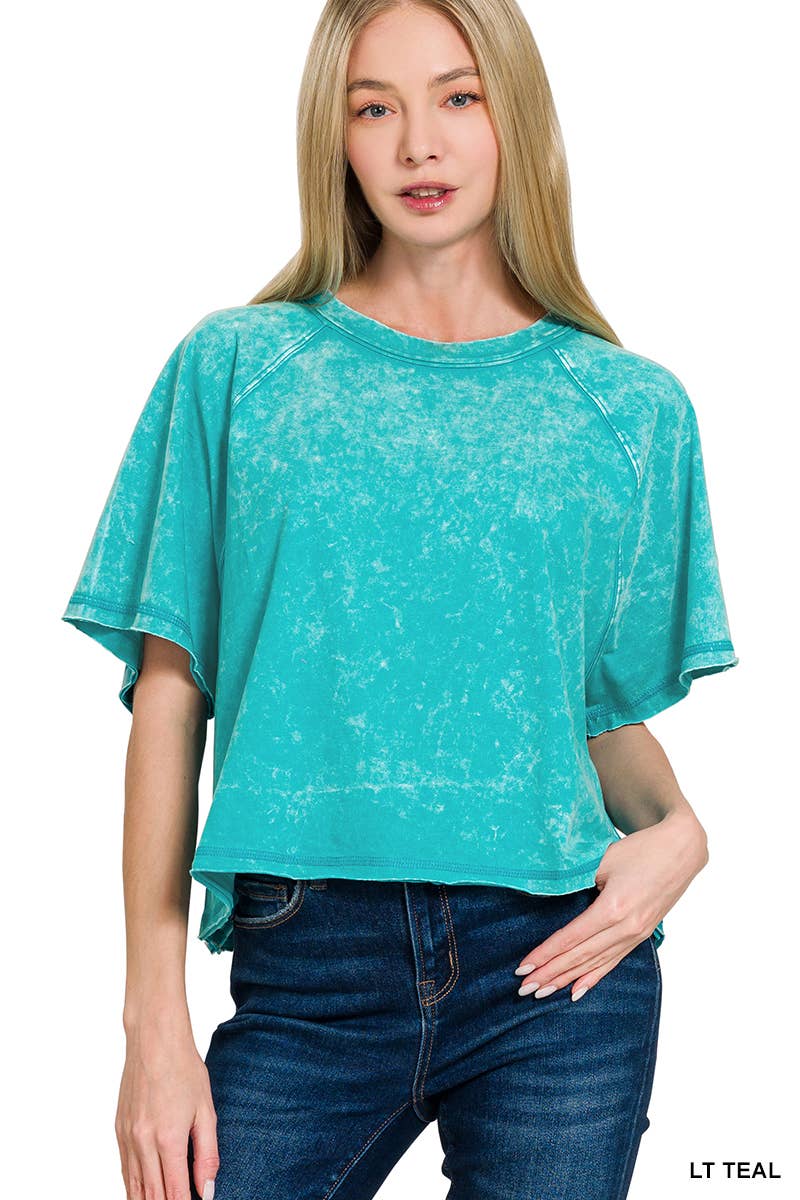 Acid Washed Round Neck Crop Tee Shirt