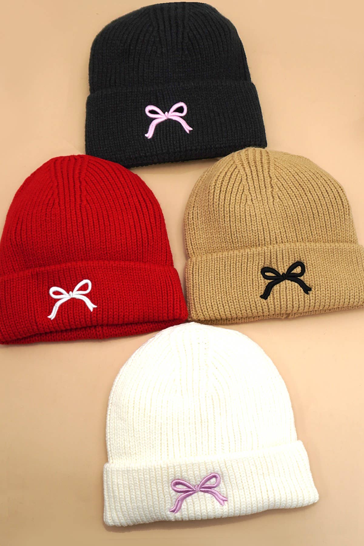 SOFT RIBBED KNIT BOW ACCENT BEANIES HAT