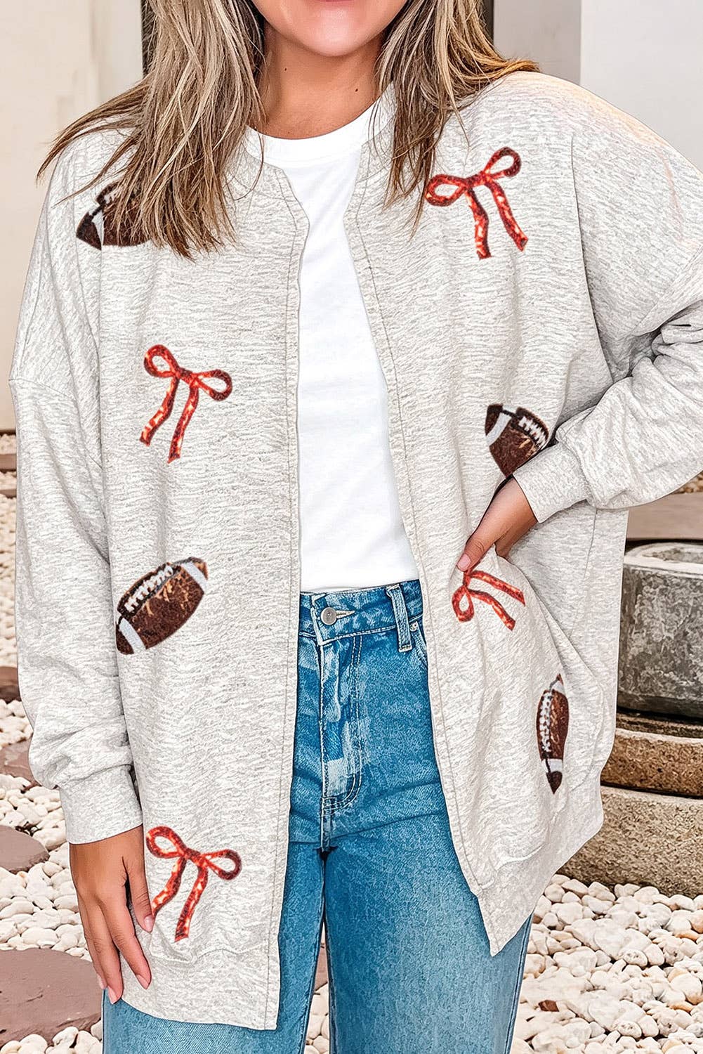Rustik Charm Game Day Sequin Bow Sweater – Women’s Football Season Casual Top