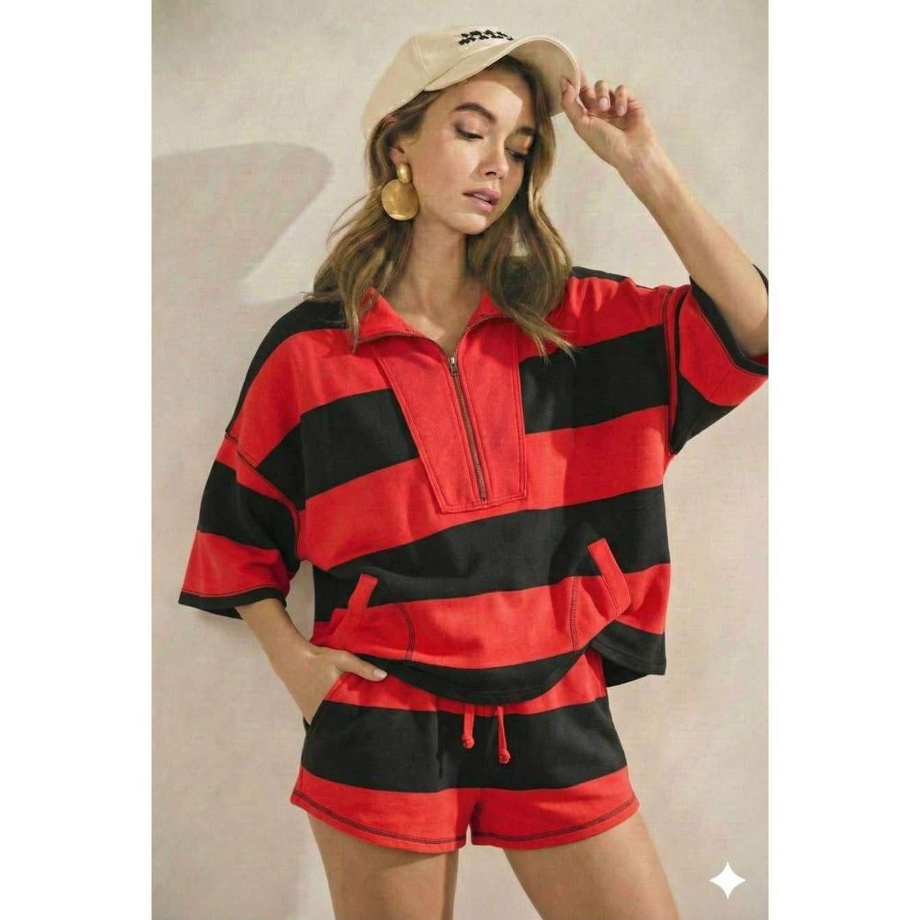 Game Day Vintage Striped Top Front Zip Shorts Set