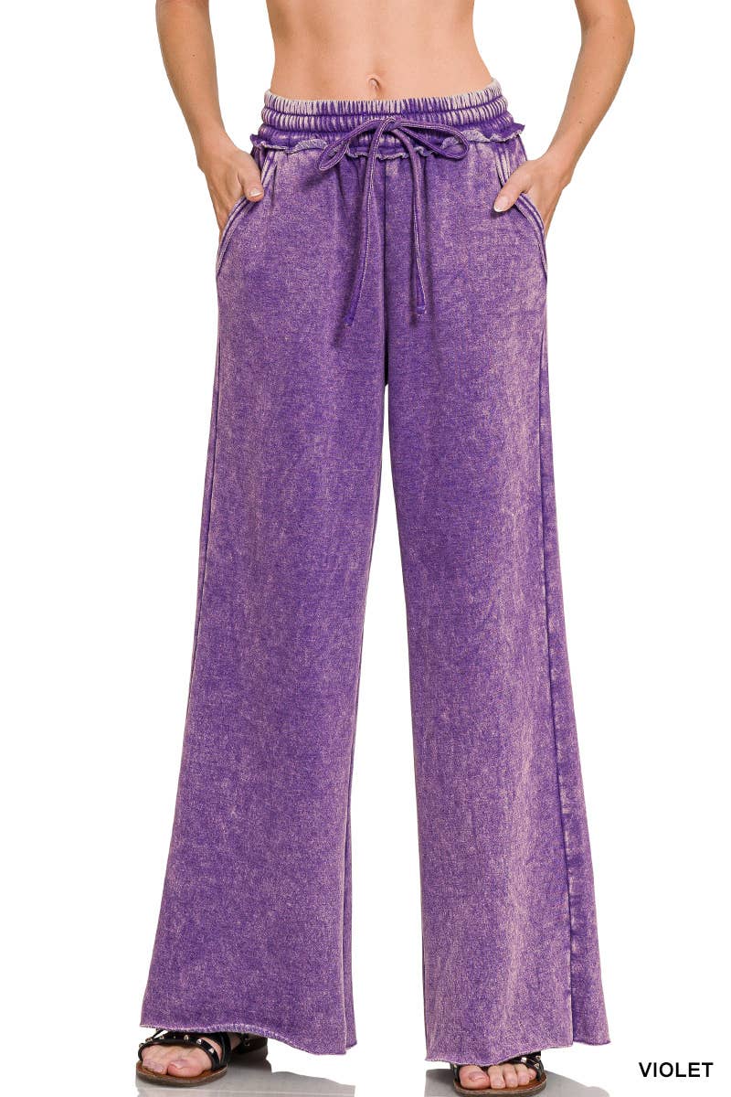 Acid Wash Fleece Palazzo Sweatpants With Pockets