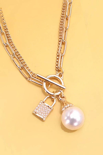 Pearl Lock Charm Double Layer Necklace