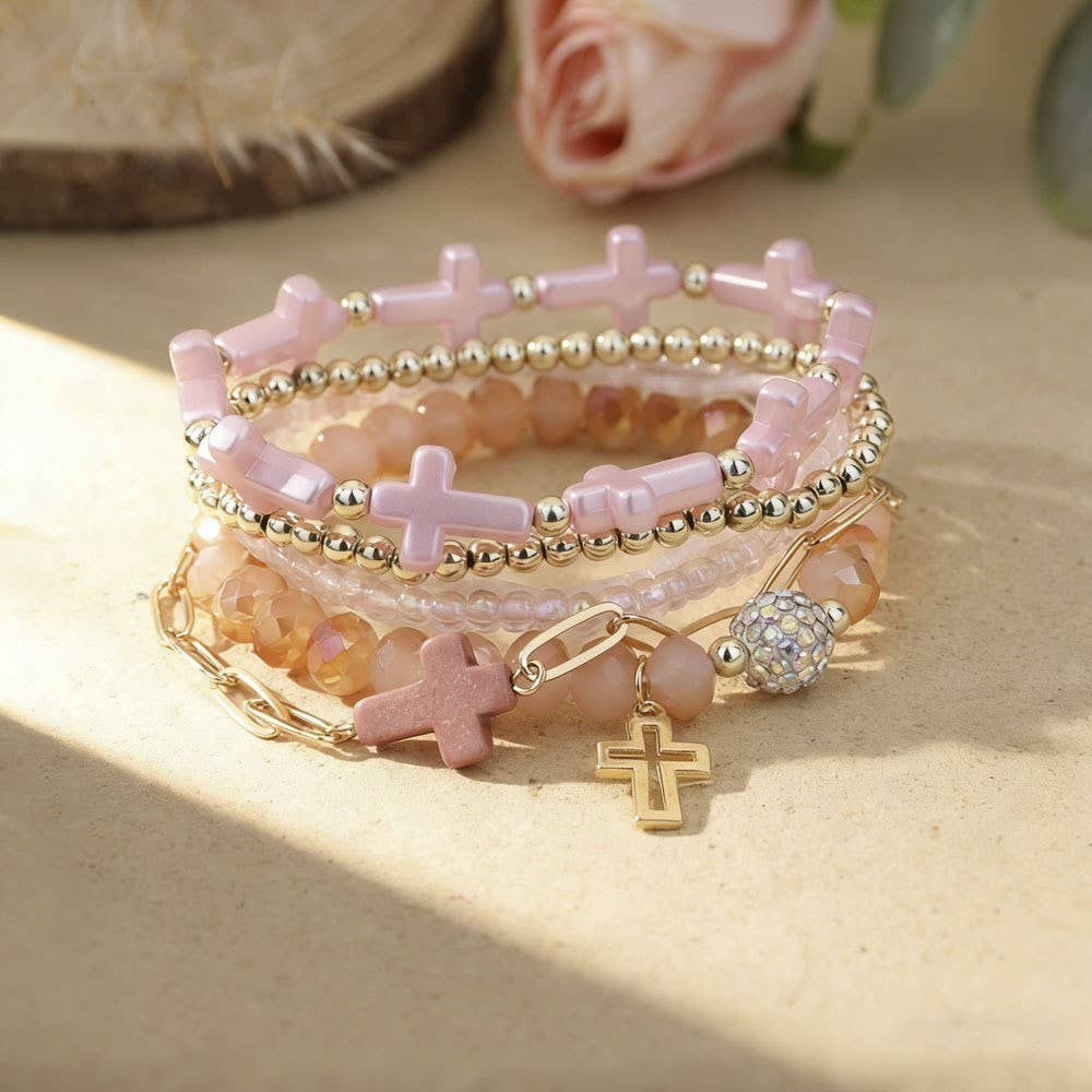 Cross Charm Beaded Bracelet Stack