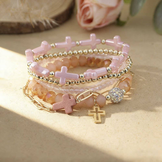 Cross Charm Beaded Bracelet Stack