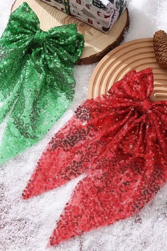 CHRISTMAS SEQUIN ORGANZA BOW RIBBON HAIR CLIPS