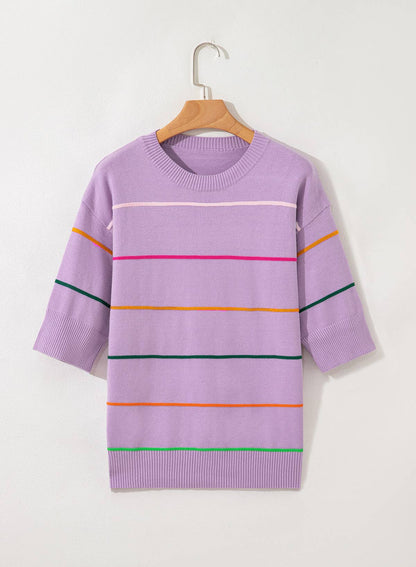 Striped Half Sleeve Drop Shoulder Sweater