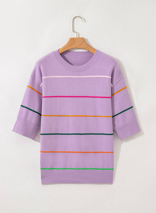 Striped Half Sleeve Drop Shoulder Sweater
