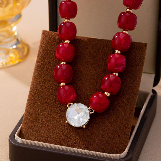 Jewel Tone Marbled Bead & Crystal Statement Necklace