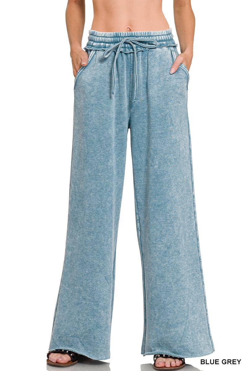 Acid Wash Fleece Palazzo Sweatpants With Pockets