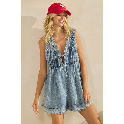 Pleated All over Pearl Denim Romper