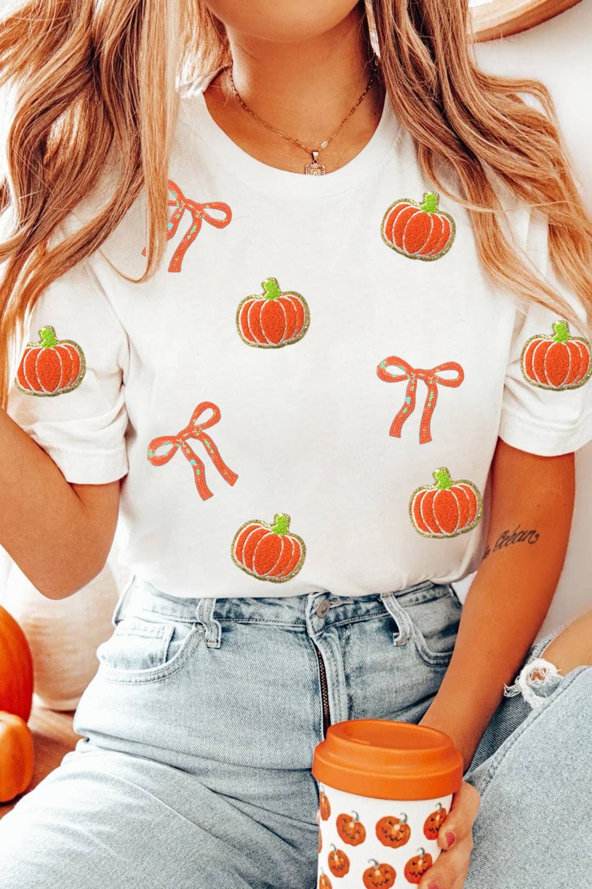 Sequin Pumpkin & Bow Fall Graphic T-Shirt