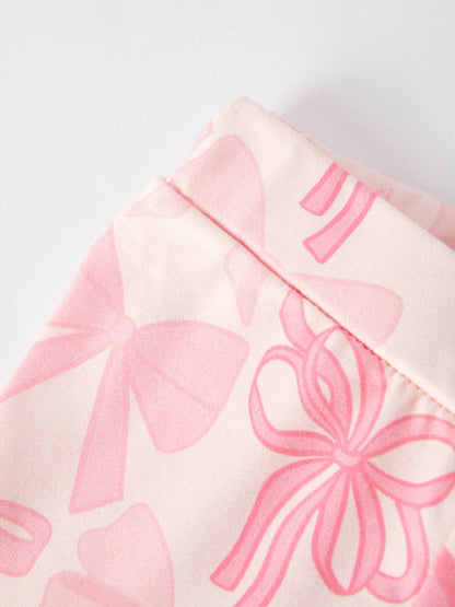 Pink Girls Top Bow Floral Print Bell Bottom Pants Set