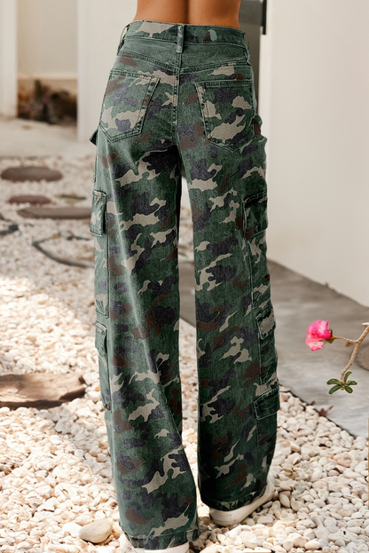 Camo Denim Cargo Wide Leg Pants