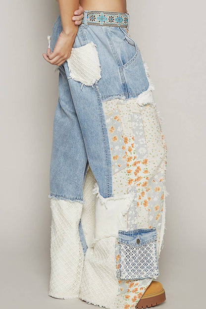Printed Patchwork Woven Twill Pants