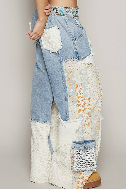 Printed Patchwork Woven Twill Pants