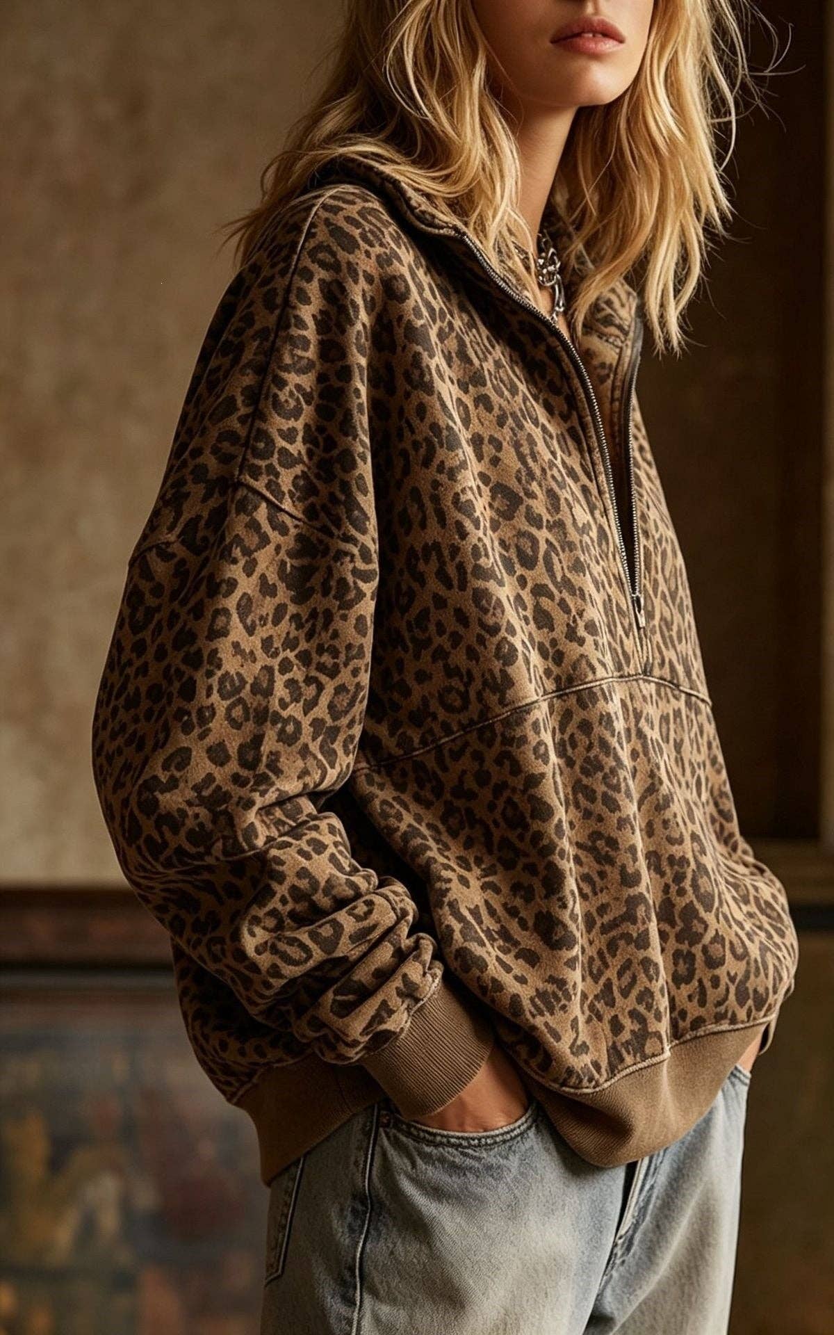Leopard Print Half-Zip Oversized Sweatshirt