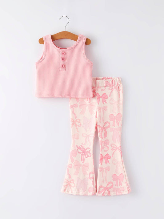 Pink Girls Top Bow Floral Print Bell Bottom Pants Set