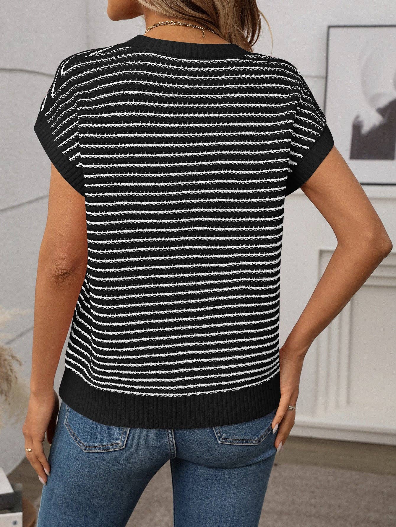 Summer Crew Neck Knit Top Casual Stripe Color Clash Sweater