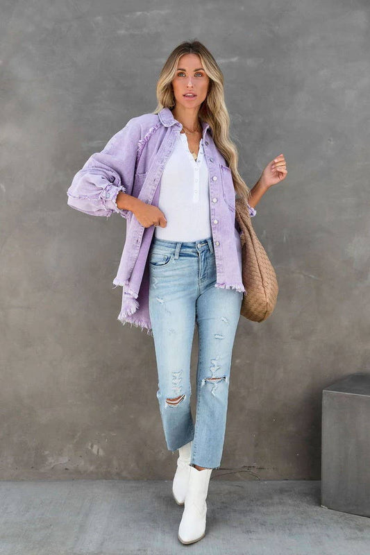 Loose raw edge patchwork pocket denim shirt jacket