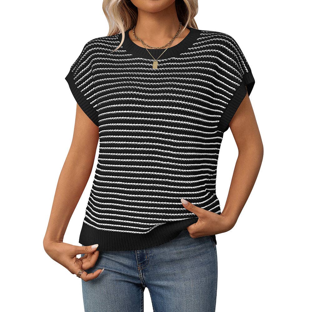 Summer Crew Neck Knit Top Casual Stripe Color Clash Sweater