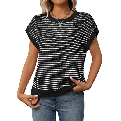 Summer Crew Neck Knit Top Casual Stripe Color Clash Sweater