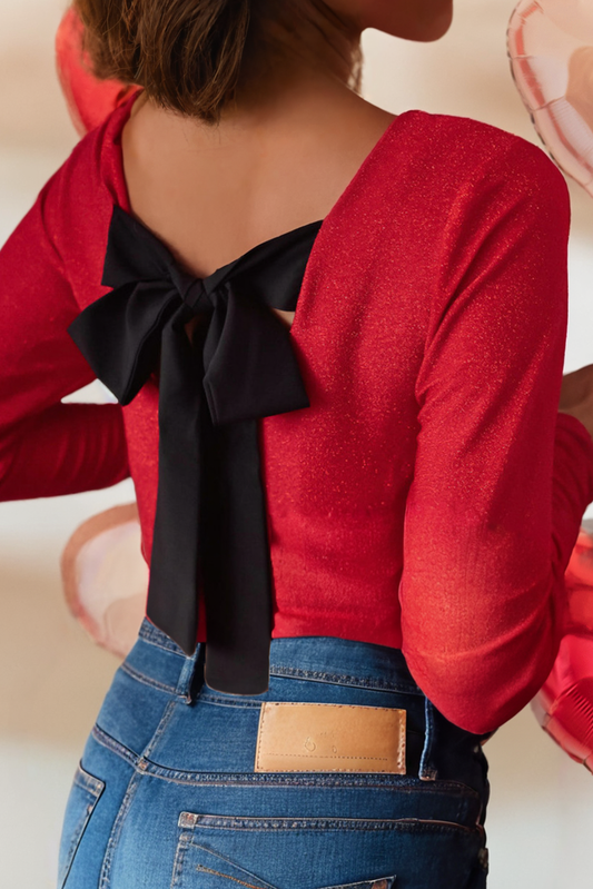 Metallic Bowknot Open Back V Neck Top