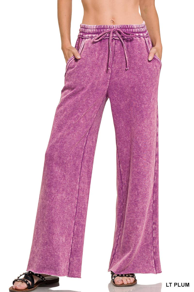 Acid Wash Fleece Palazzo Sweatpants With Pockets