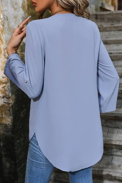 LONG SLEEVE V-NECK PULLOVER SOLID COLOR SHIRT