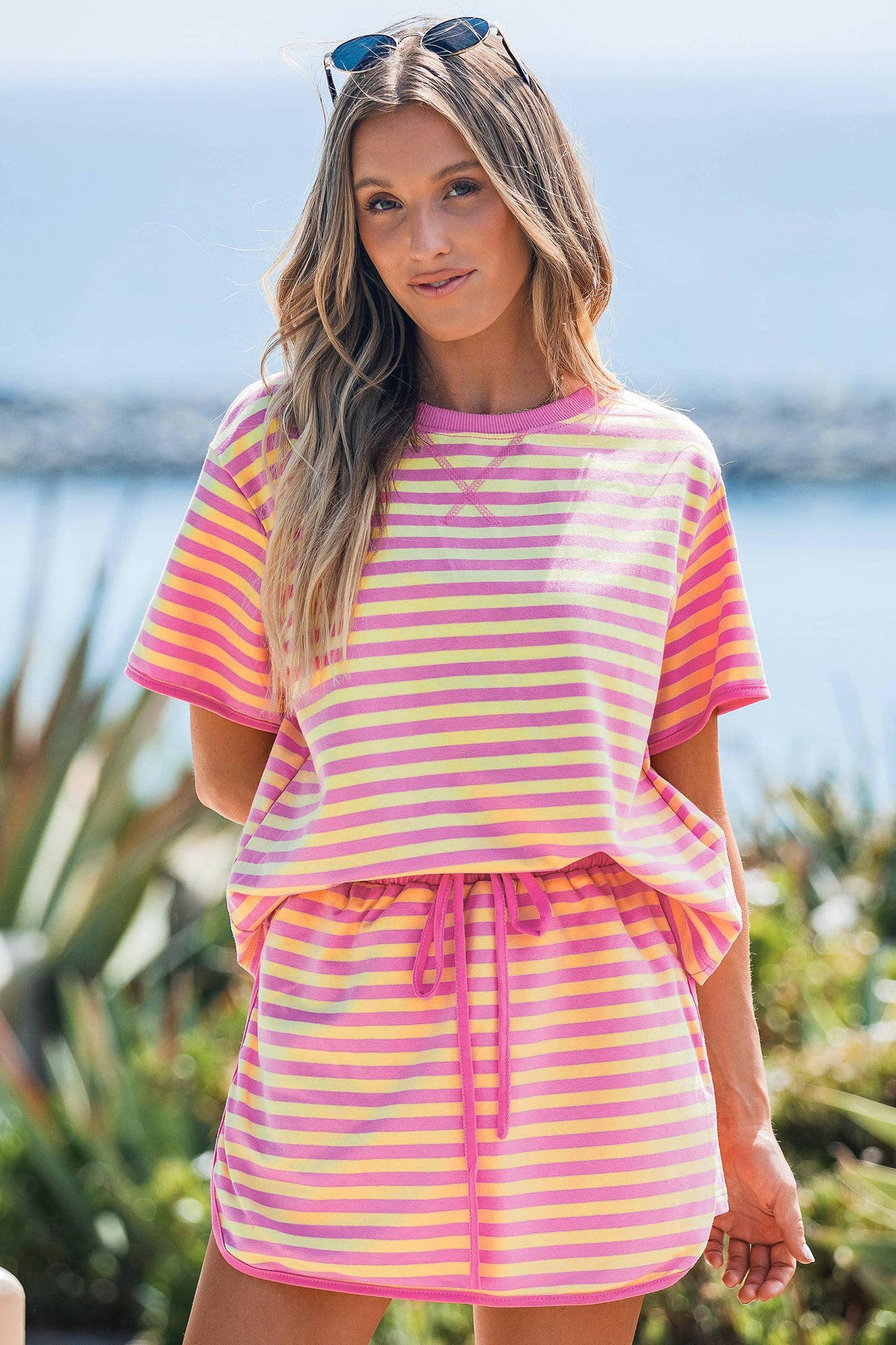 Striped Casual Short Sleeve Top and Skirt Set